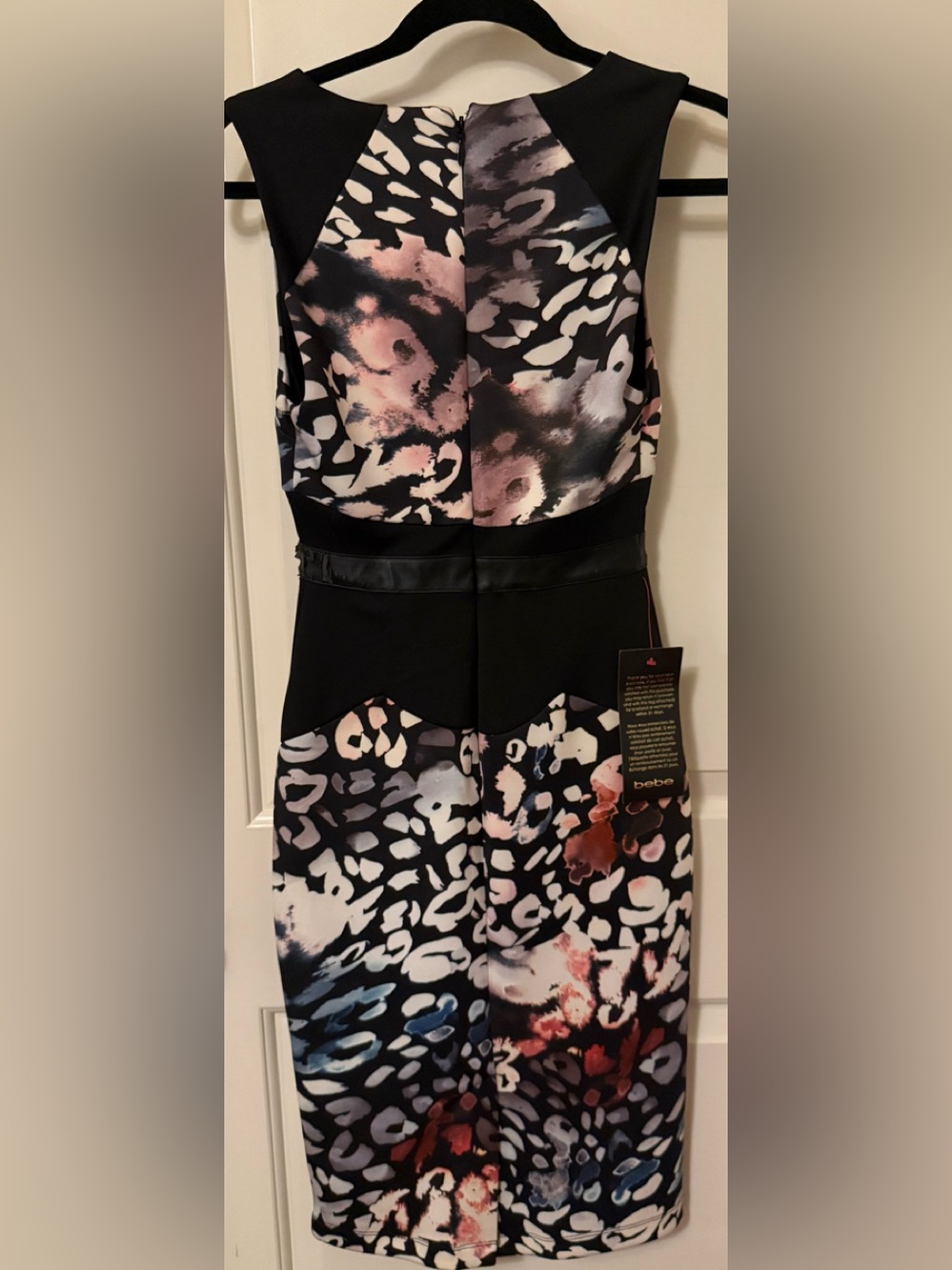 NWT. Bebe  Black Midi Dress with Multi-Color Abstract Print